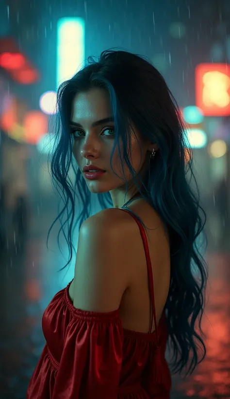 1girl, solo, long blue wavy hair, smooth skin, from behind, face focus, (looking at observer:1.2), wet hair, dark, polaroid, (depth of field:1.5), rainy day, outdoors, street, hair between eyes, moody lighting, Tyndall effect, film lighting, night, streetl...