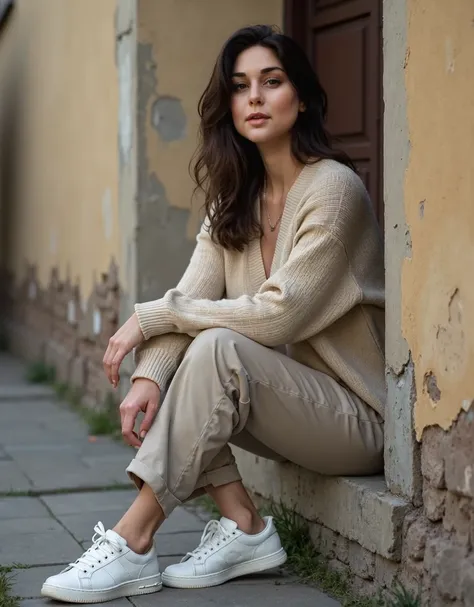 Super real photo, woman 44 year old, (  dark hair  ,  brunette ) , (moderately curvy figure), ( refrigerator of short stature),  a woman sits on the side of a building in Kiev , in the background is an aged wall ,  thoughtful look , wearing white sneakers ...