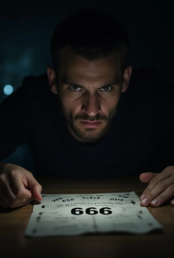 a man fearfully staring at the number 666 printed on paper, ((a sequence of inauspicious numbers, 4, 6, 9, 11, 13, 18, 46, 666)), highly detailed, photorealistic, 8k, dark moody lighting, dramatic chiaroscuro, gloomy atmosphere, unsettling, unsettling expression, intense gaze, tense, apprehensive, fearful, anxiety, horror, dramatic lighting, cinematic composition