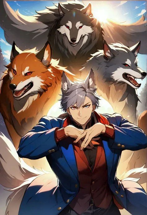 3 male , wolves, looking at viewer, red jacket, blue jacket, black jacket, red eyes, black eyes , blue eyes, smile, happy epic pose bright background, sunshine, Gray fur, orange fur , white fur , muscular body 