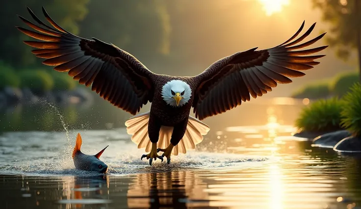 Eagle hunting fish in a river 