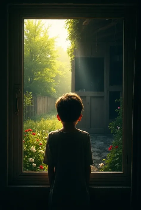 A person looking out the window at a GARDEN OF A HOUSE AND IN THE OTHER HALF OF THE WINDOW A NEGLECTED AND DARK SPACE 