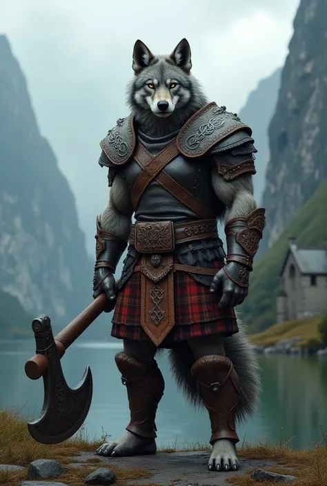  Loup anthropomorphe debout dans une armure de guerrier des Highlands, composée de cuir et de métal avec des motifs celtiques. Une ceinture en tartan écossais est enroulée autour de sa taille, affichant des symboles de clan. Son regard est perçant et il ti...