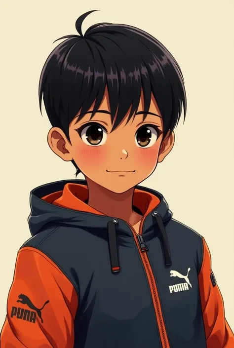  nepalese anime boy with black short and straight hair with very dark brown eyes wearing puma jacket with brown skin
