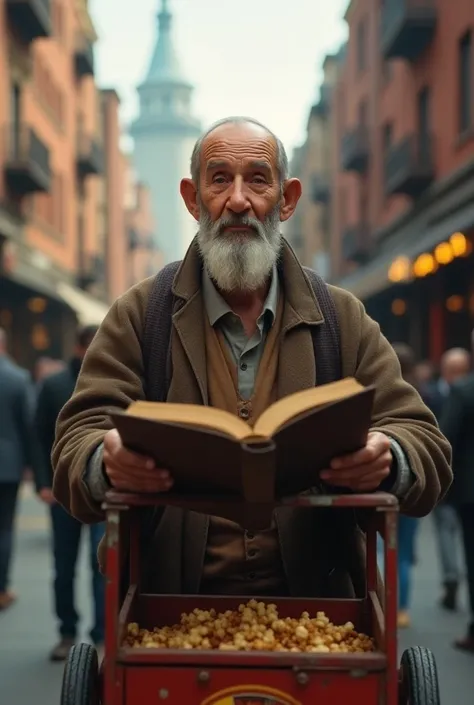 (Photorealism:1.2), Create an old man pushing a popcorn cart and hes holding an open book. The old man stands with his head held high looking at the spectator. 