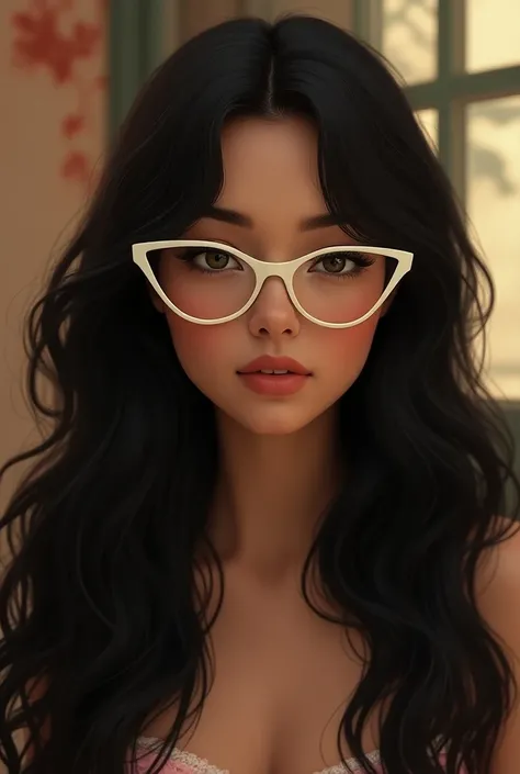 Pretty woman with long black hair ,Pretty face and shes wearing white cat-style glasses from the 80s vintage vintage old but animated photo