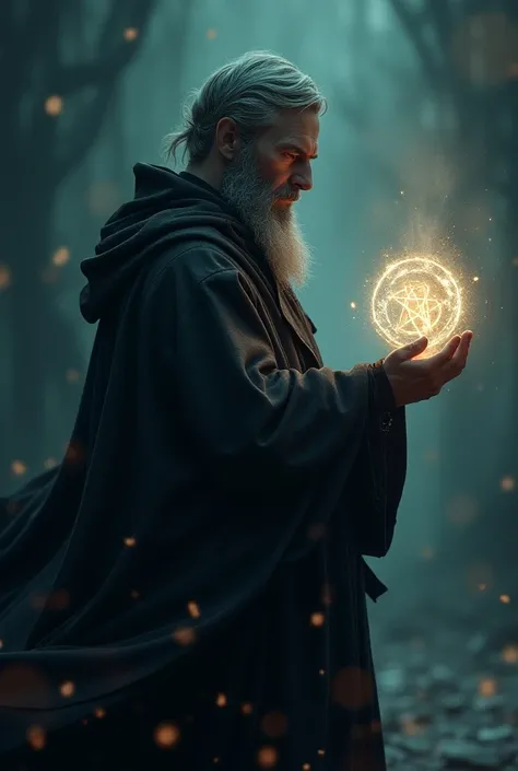 Wizard pointing with pentagrams in his hands, profile of back 