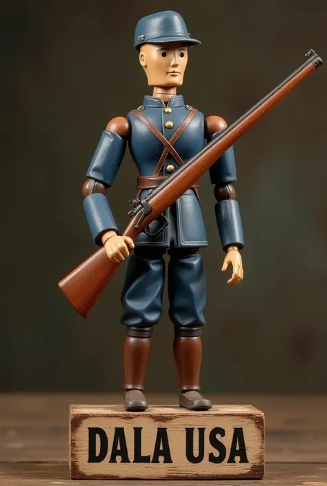 articulated wooden doll dressed as a US Union soldier with a musket and in a guard position and on a wooden sign that says DALA USA