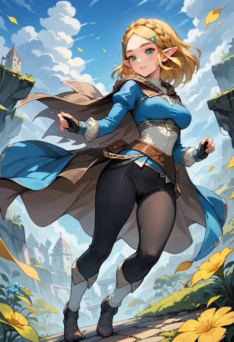 (extremely fine and beautiful:1.1), (perfect details:1.1), (finely detailed eyes and detailed face:1.3), ZeldaSDXL, Princess Zelda, narrow hips, medium breasts, slender thighs, small ears, pointy ears, braid, hair ornament, hairclip, gloves, black gloves, ...