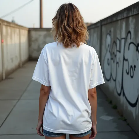 Create a hyper-realistic photograph of a young woman with light brown wavy hair, standing with her back to the camera in a casual, urban setting, such as a city street or rooftop. She is wearing an oversized plain white T-shirt with a round neckline and 3/...