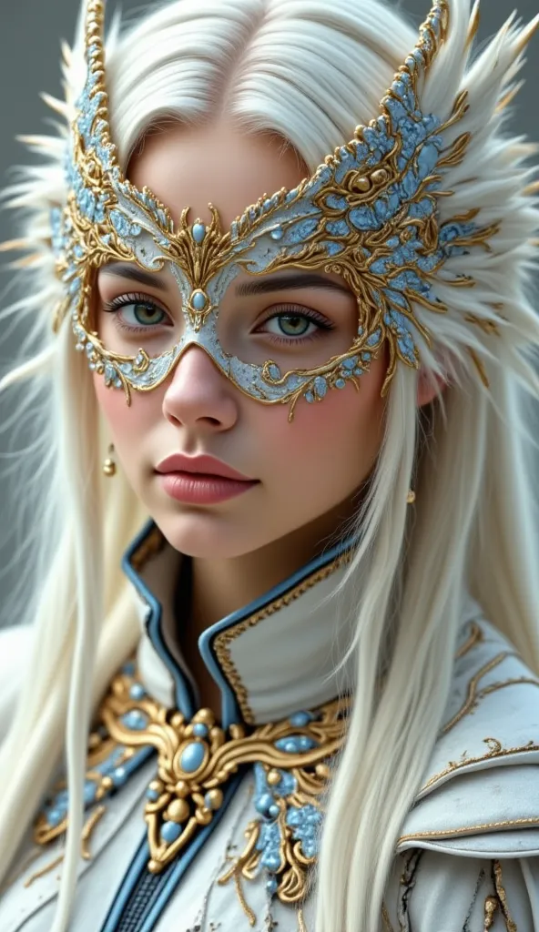 the woman's hair is styled in a way that mimics the feathers of an owl, with a few golden accents scattered throughout. her lips...