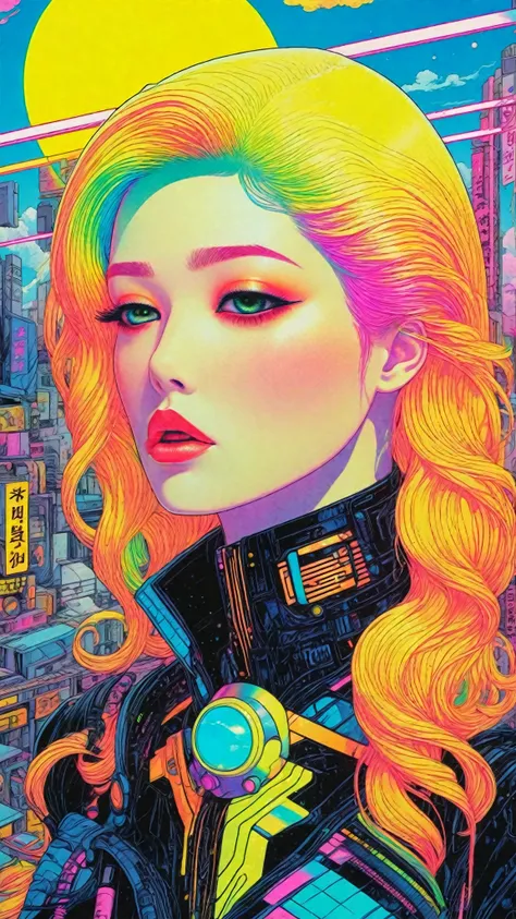 ((best quality)), ((masterpiece)), (detailed), perfect face of cyberpunk mecha japanese girl, neon rainbow eyes, neon yellow body, rainbow hair, ((monochromatic neon rainbow color palette)), surreal, art nouveau, in the illustrative style of moebius, space...