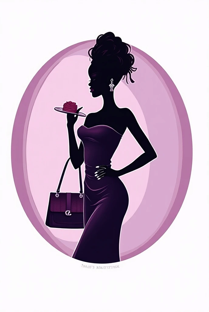 Un logo pour une boutiques daccessoires feminin sac , chaussure et parfum au nom de Mads boutique dans un cercle avec des couleurs violettes montrant les accessoires avec une femme noire 