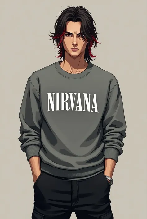 A handsome Japanese man ,  with medium mullet hair and with some red highlights in his hair,  he wears a nirvana sweatshirt and black cargo pants 