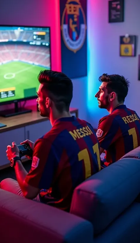  A lively and attractive scene of Cristiano Ronaldo without a beard, obviously, and Lionel Messi sitting on a sleek and modern sofa,  intensely focused on playing video games on a large flat screen TV . Both sports legends are dressed in their Barcelona an...