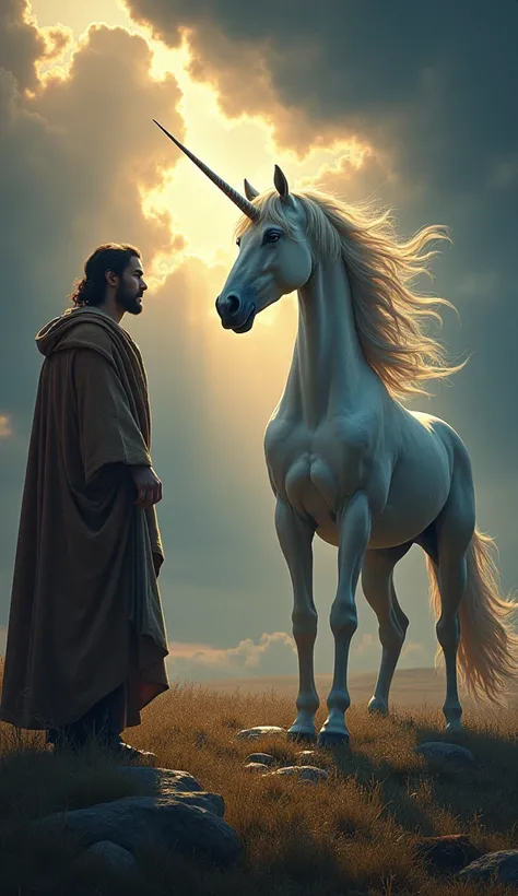  Biblical Times A representation of Noah next to the ark,  with an expression of concern ,  observing a majestic unicorn outside . The unicorn is white ,  with a shiny horn ,  floating mane and noble bearing . Around you,  an aura of golden and blue light ...