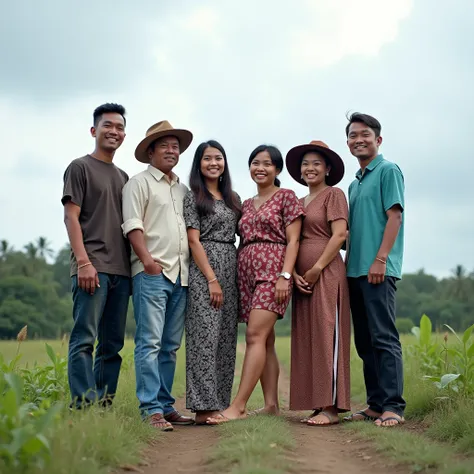 Potrait real photography professional 7 human , 2  woman beautiful Indonesian  waering kasual elegan outfit, waering shoes,hat bucket ,stand on with 5   man handsome Indonesian , waering kasual elegan, celana jeans black and shoes,they stand on Raja Ampat ...