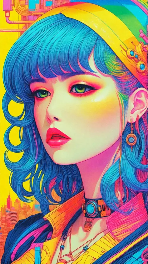 ((best quality)), ((masterpiece)), (detailed), perfect face of cyberpunk mecha japanese girl, neon rainbow eyes, neon yellow body, rainbow hair, ((monochromatic neon rainbow color palette)), surreal, art nouveau, in the illustrative style of moebius, space...