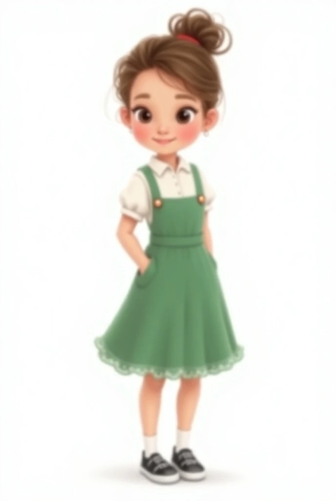  White background  Disney girl in front with updo, with a green A-length jumper skirt to the knee , white blouse,   black sneakers