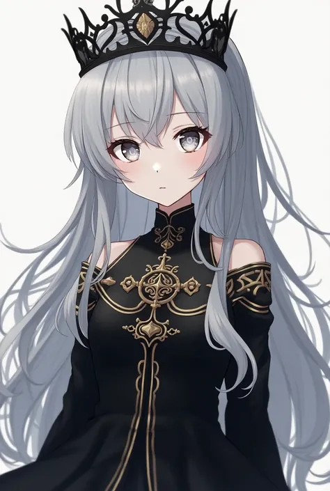 Gray-haired anime girl with a black crown ,  white eyes wearing a short black dress with gold anime details