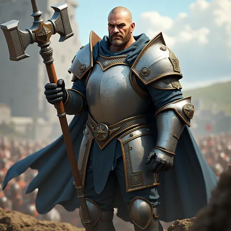 burly knight, wearing silver armor, mace in left hand, one-eyed