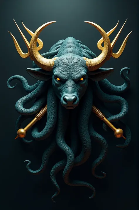  1 head of a minotaur with 1 head of a kraken ,  the head of the kraken that only the eyes are peeking out and that the tentacles of the kraken wrap around the head of the minotaur,  logo with 2 crossed golden tridents , all in a  