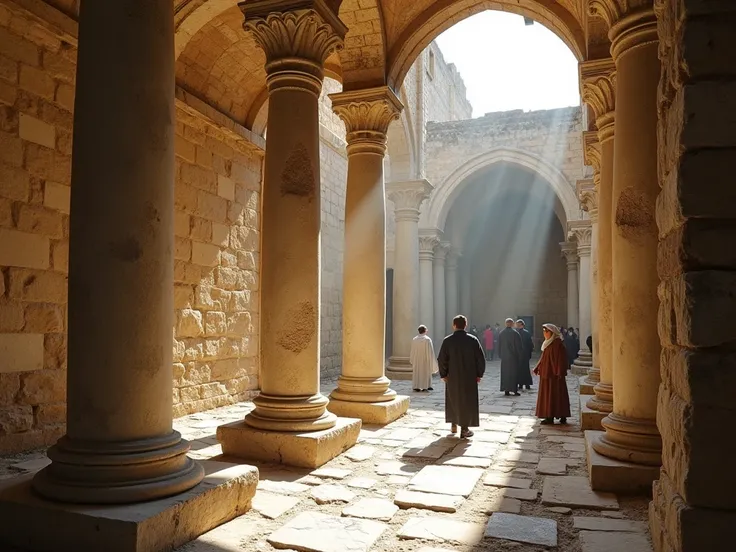 An ancient stone synagogue in Capernaum, with weathered pillars and sunlight streaming through the ruins, casting gentle shadows. A few people in modest attire are gathered in the background, adding to the sense of historical reverence. The scene has a cal...