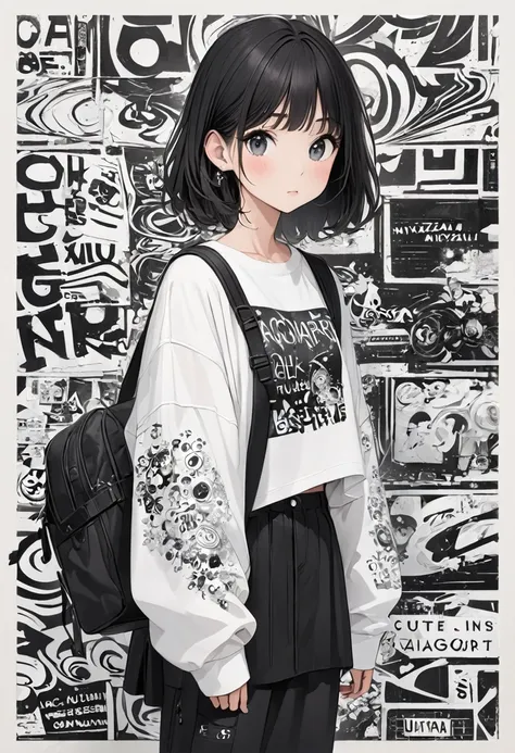 Ultra-realistic Hayao Miyazaki black and white style, Simple line acronym abstract art, Cute design, (((Background is discarded))), Street Style, Cute Amoeba