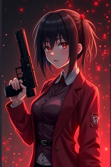 An anime image with beautiful effects made for a manhwa cover of a Japanese woman on a dark background mixed with red holding a gun