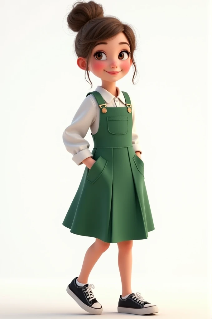 White background  Disney girl with updo wearing a green A-line jumper skirt up to the knee, white blouse,   black sneakers