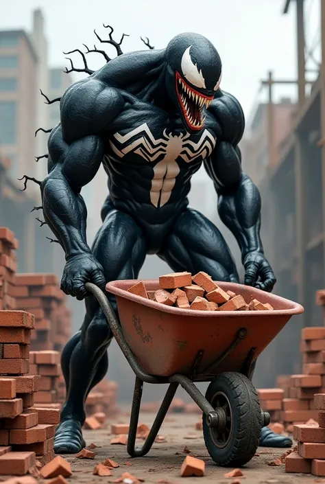 Venom Spider-Man character bricklayer from a building loaded a wheelbarrow with bricks 