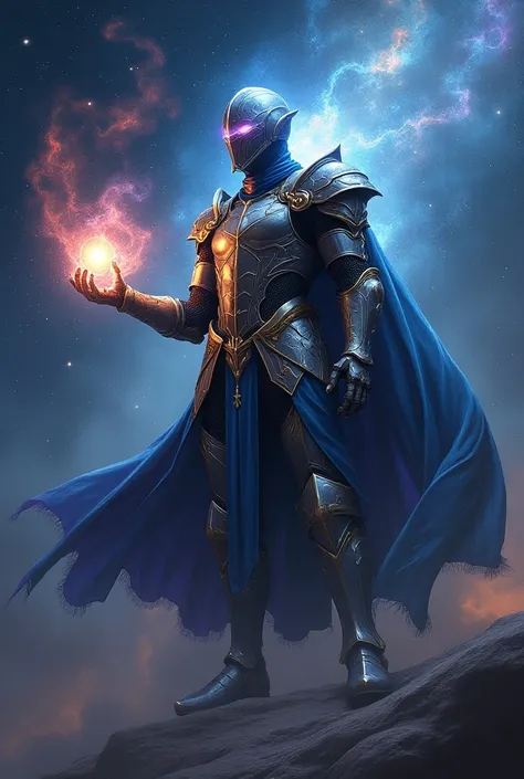 Veritas of the Galaxy which wears galaxy mask and Knight Armor also Galaxy Mantle and hes Male human Galaxy Being Wearing Galaxy aura Blade in his Left Arm and Have Light Galaxy Ball of the Energy mixed with galaxy power In his Right arm