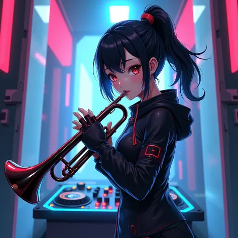 A black-haired anime girl playing a futuristic electric trumpet and in a booth with a futuristic DJ mixer 