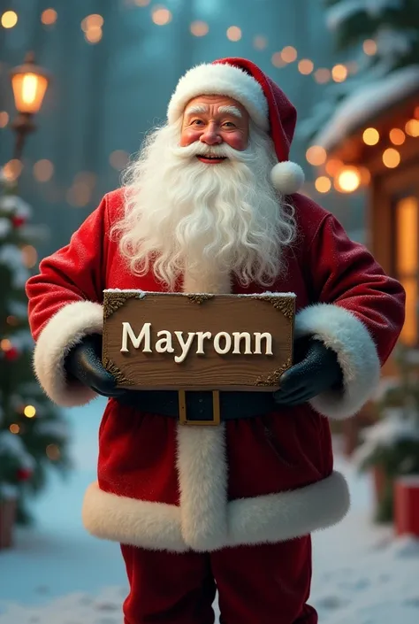 Santa Claus holding a sign with the name Mayronn on a Christmas background 