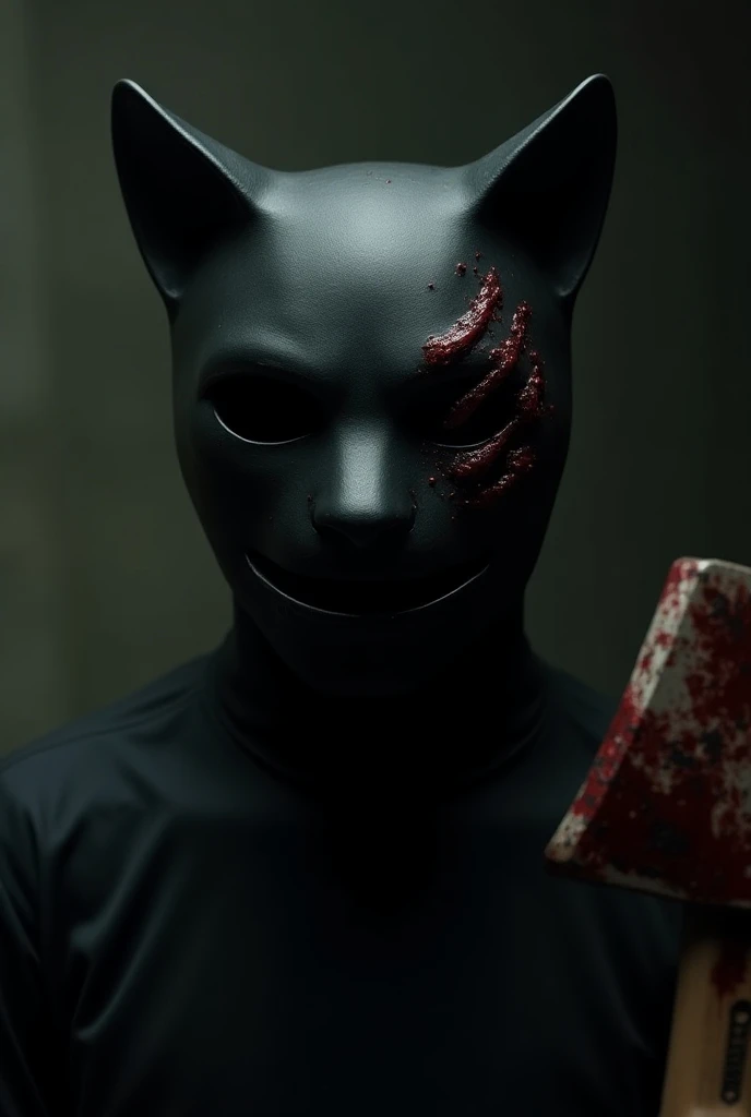 A black plastic cat mask scratched on the right eye and an axe with blood