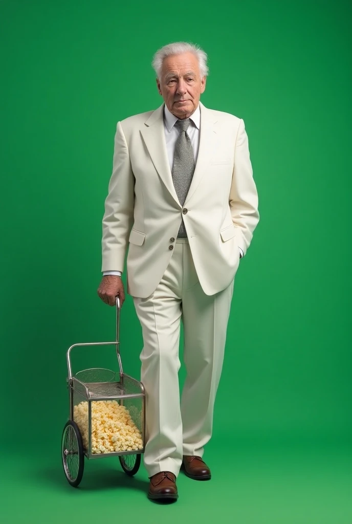 (Photorealism:1.2), Create an old man wearing a white suit and pushing a popcorn cart. The old man stands with his head held high looking at the spectator.. The background of the image is green cromakey repeat this more realistic image  