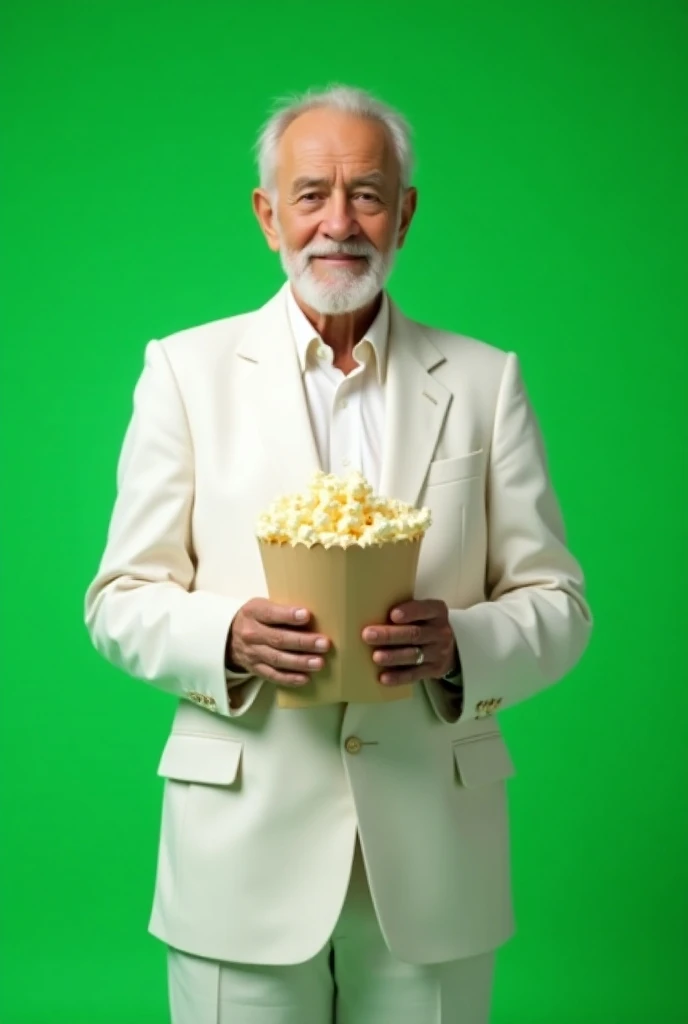 (Photorealism:1.2),  create an old man wearing a white suit, holding a bag of popcorn . The old man stands with his head held high looking at the spectator.. The background of the image is green cromakey repeat this more realistic image  