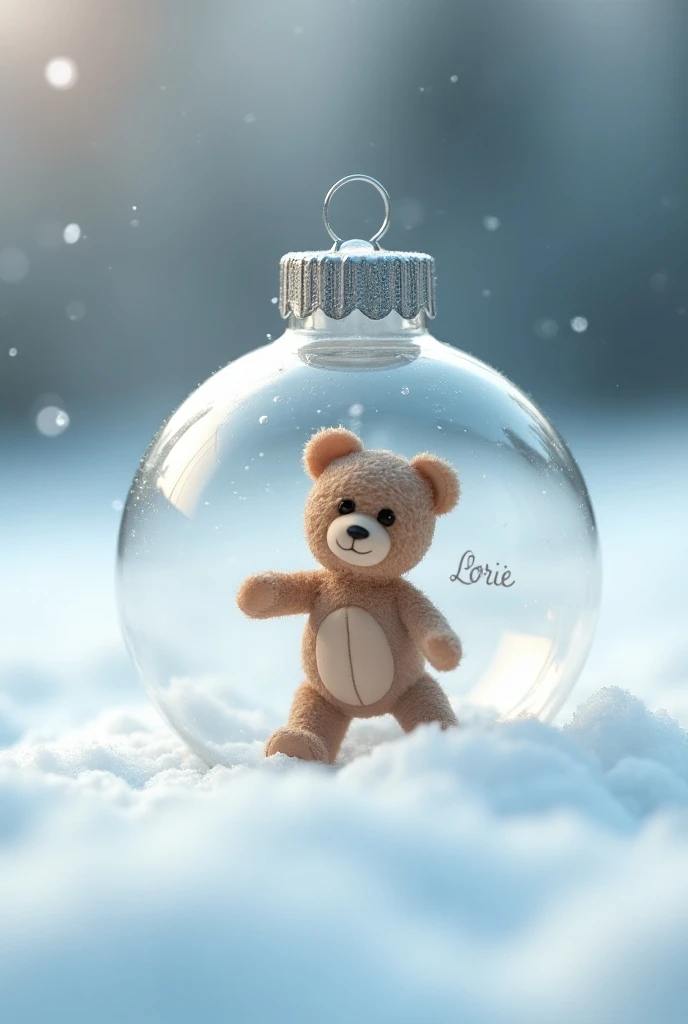 Une boule de Noël en verre transparente sur la neige une avec écriture "Lorie"avec un decor ourson dedans 