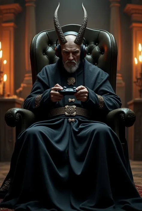 lord of the rings, Sauron, playing video games,  holding a video game controller, In your gamer chair, in his medieval bedroom ,  wearing a gamer headset 