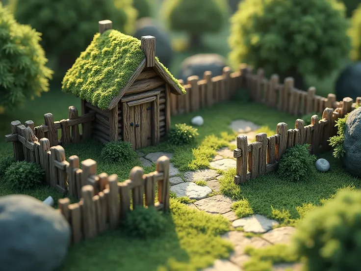 masterpiece, best quality, (extremely detailed CG unity 8k wallpaper), (best quality), (best illustration), (best shadow), A place for village with wood fence covered with moss， isometric 3D, octane render,ray tracing,ultra detailed