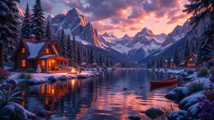 (Masterpiece), 8K, Vibrant colors. mountain lake with an old log cabin in the clearing, dark evening sky with the glow of the sunset behind the mountains, soft glow coming from the windows in the cabin and smoke from the chimney, ((Thomas Kinkade painting)...