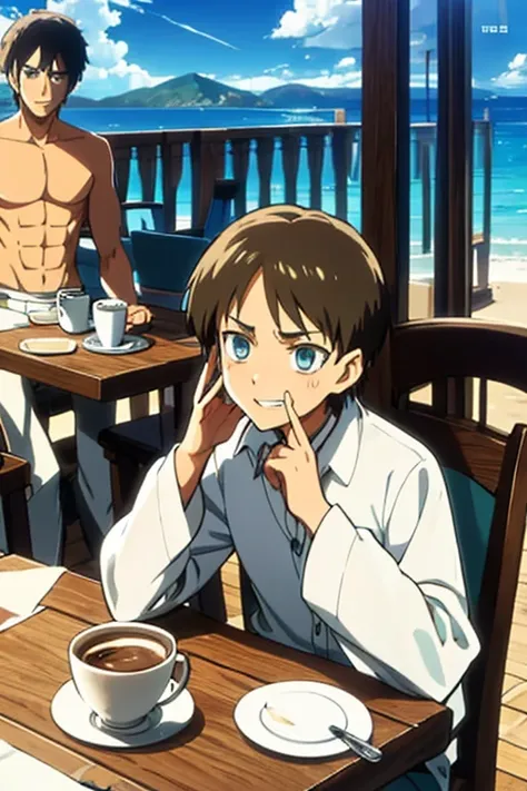 "A sunny cafe on a Greek seaside, with a beautiful blue ocean in the background. The characters from different anime are gathered around a table, enjoying coffee in a casual yet stylish manner.

- **Reiner Braun** (from Attack on Titan) is sitting slightly...