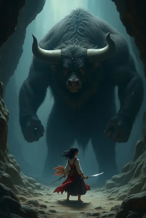 A young Japanese girl fighting the minotaur in a dark cave