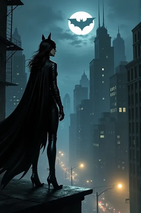  You could draw Gotham in the background ,  with the symbol of Batman in the sky and Catwoman in a mysterious pose ,  maybe from a rooftop , watching Batman .  This would highlight the nighttime atmosphere and the special bond they have.