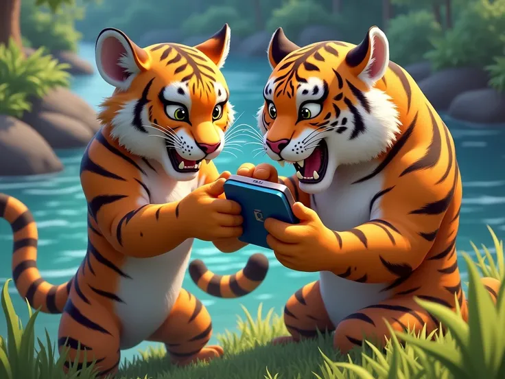 Cheetah and tiger sitting on a bank and playing brawl stars from phone