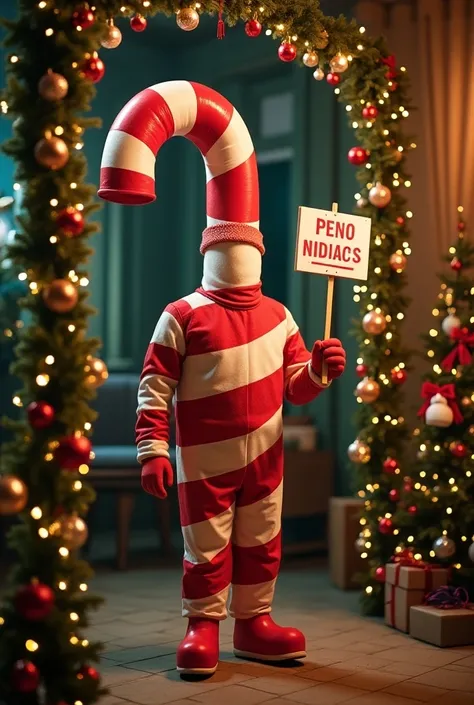 An image of the president of the government disguised as a candy cane , Christmas lights and Christmas decorations in the background and a sign that says “Merry Christmas bastards “in Spanish 