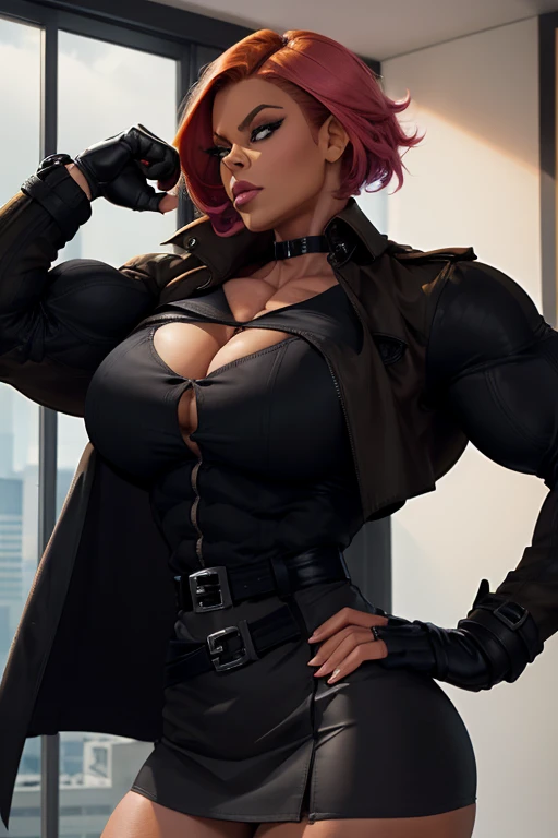 ((Close-up)), tall, (shocking pink hair), beautiful muscular woman, angled bob hair, brown skinned, closed smile, large breast, (black lipstick), (massive muscles), (hyper muscle), (((ginormous bulky muscles))), red eyes, ((((Wearing trench coat, Black V-N...