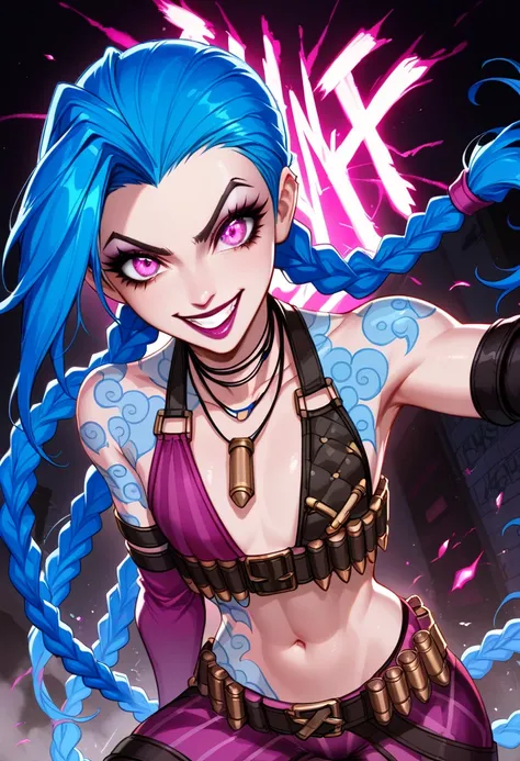 score_9, score_8_up, source_anime, anime, (jinx from league of legends:1.3), (wild, chaotic energy:1.2), (manic expression:1.2),...