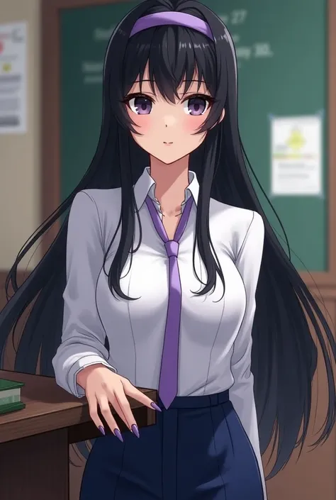 Teacher with long black hair ,  with white shirt and navy blue pants , lilac headband with long nails and dark eye makeup in anime
