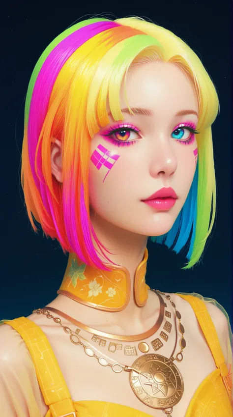 ((best quality)), ((masterpiece)), (detailed), perfect face of cyberpunk mecha japanese girl, neon rainbow eyes, neon yellow body, rainbow hair, ((monochromatic neon rainbow color palette)), surreal, art nouveau, in the illustrative style of moebius, space...